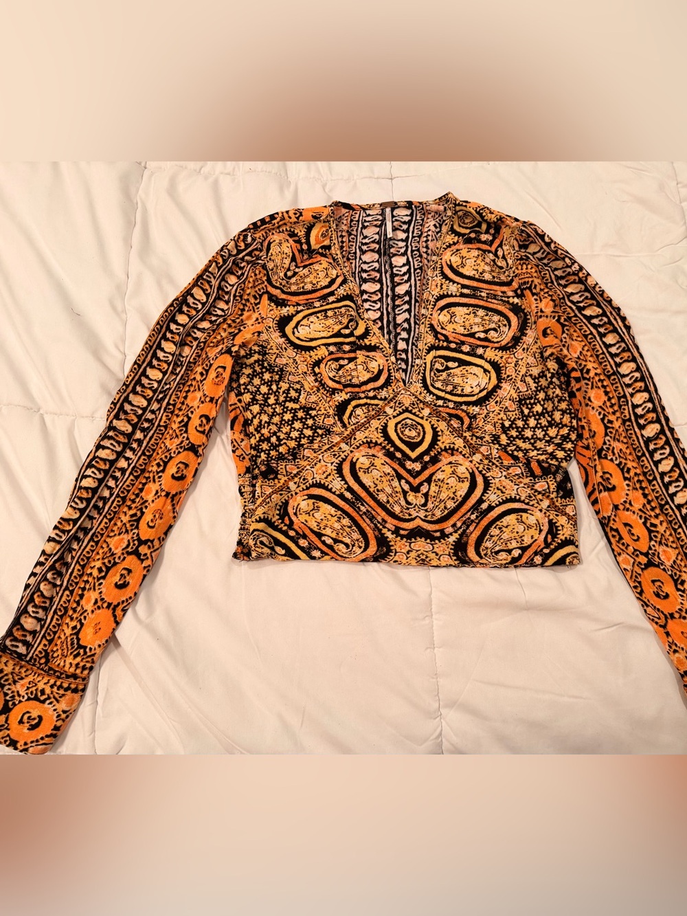 Free People Orange and Black Paisley Long-Sleeve Women's Top